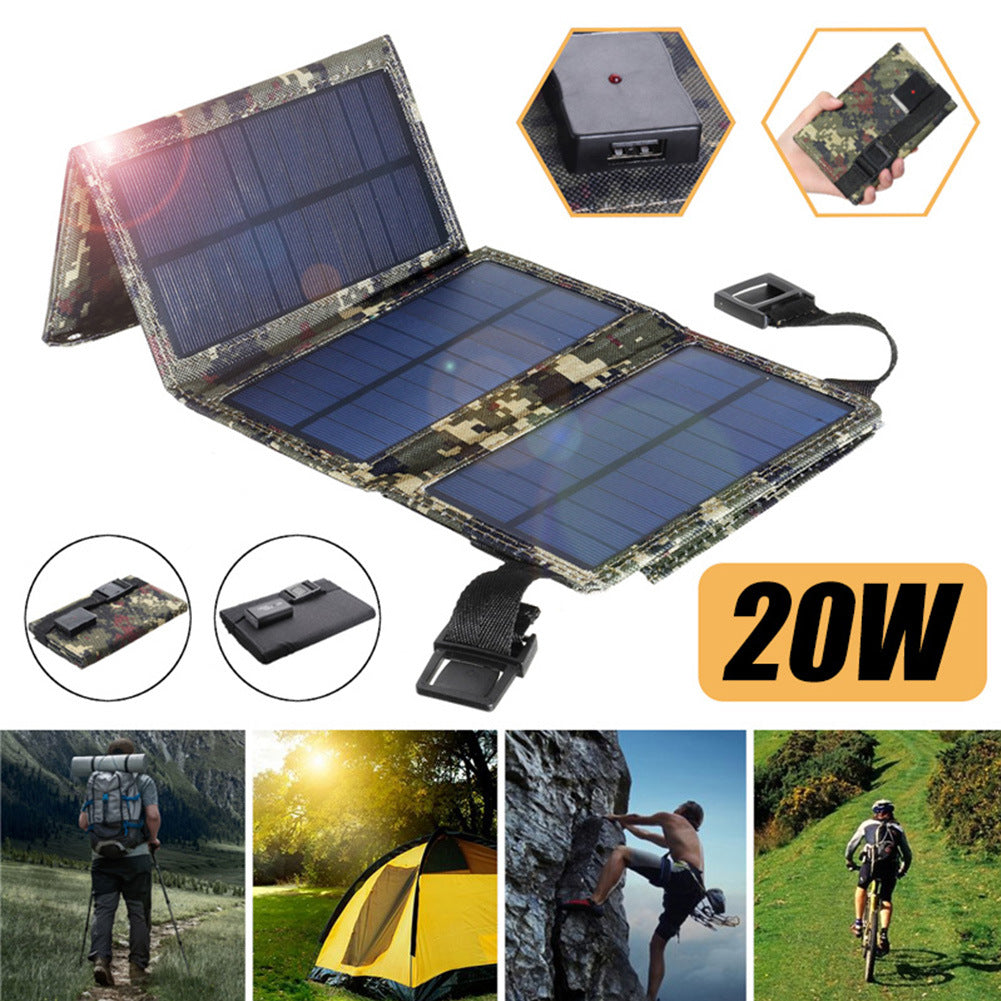 Eprolo 20W foldable solar bag with 8W portable USB solar charger for outdoor mobile phone charging, shown with solar panels and USB ports.