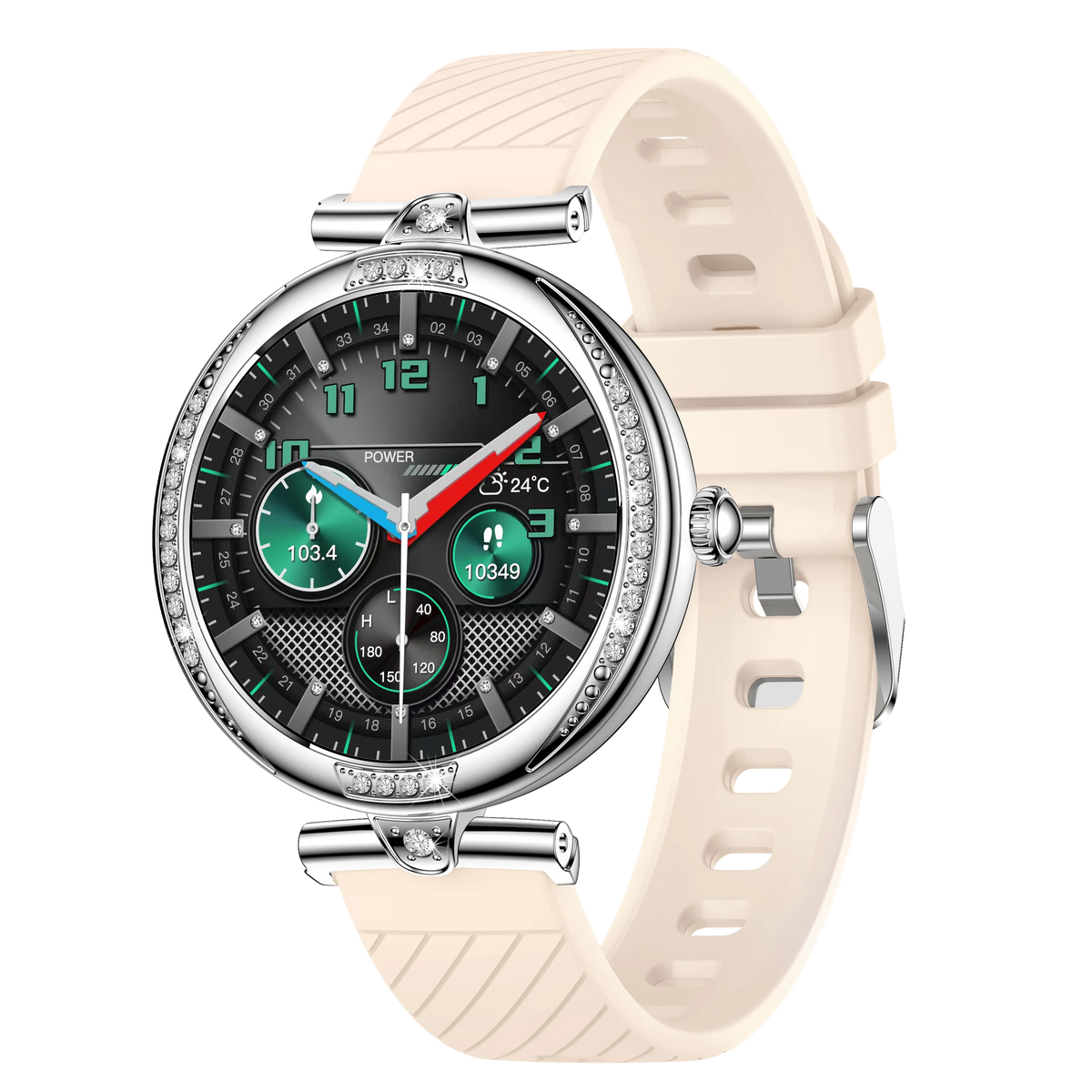 eprolo NX17 Pro smart watch for women with diamond design, AMOLED display, Bluetooth calling, health monitoring, and fitness tracking