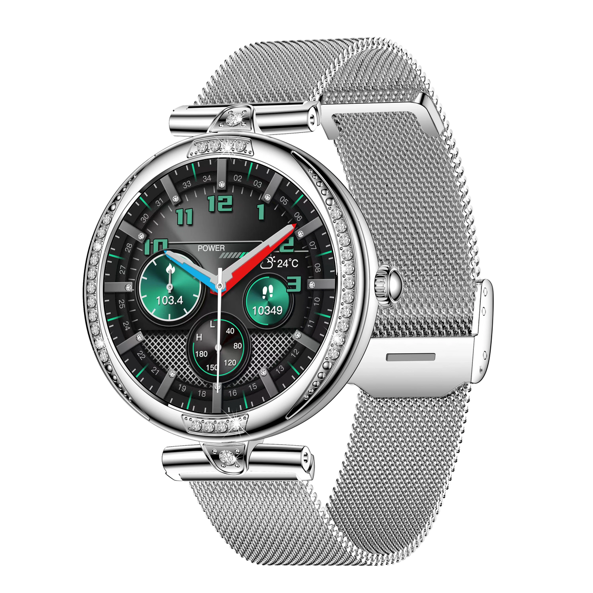 Eprolo NX17 Pro smart watch for women with AMOLED display, diamond design, Bluetooth calling, health monitoring, and fitness tracking.