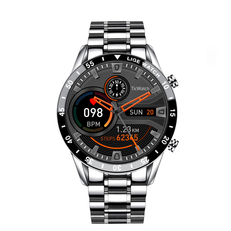 eprolo multifunctional smart watch with Bluetooth, pedometer, blood pressure, heart rate monitor, waterproof design visible on screen