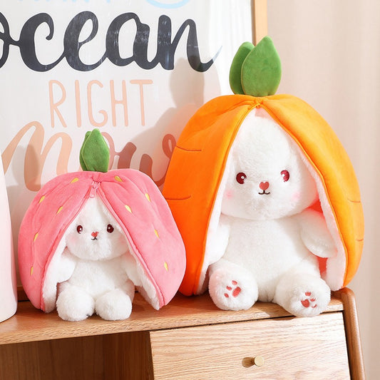 Eprolo kawaii fruit-themed bunny plush toy with carrot and strawberry designs, perfect for kids' birthday or Christmas gifts.