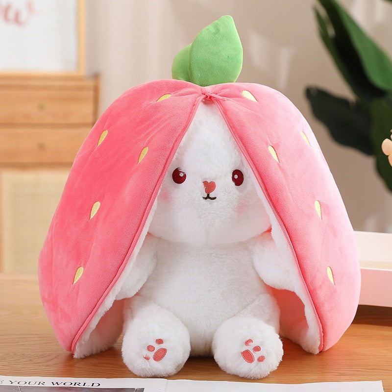 Kawaii fruit-themed bunny plush toy with carrot and strawberry design, soft and cute for kids' birthday or Christmas gift.