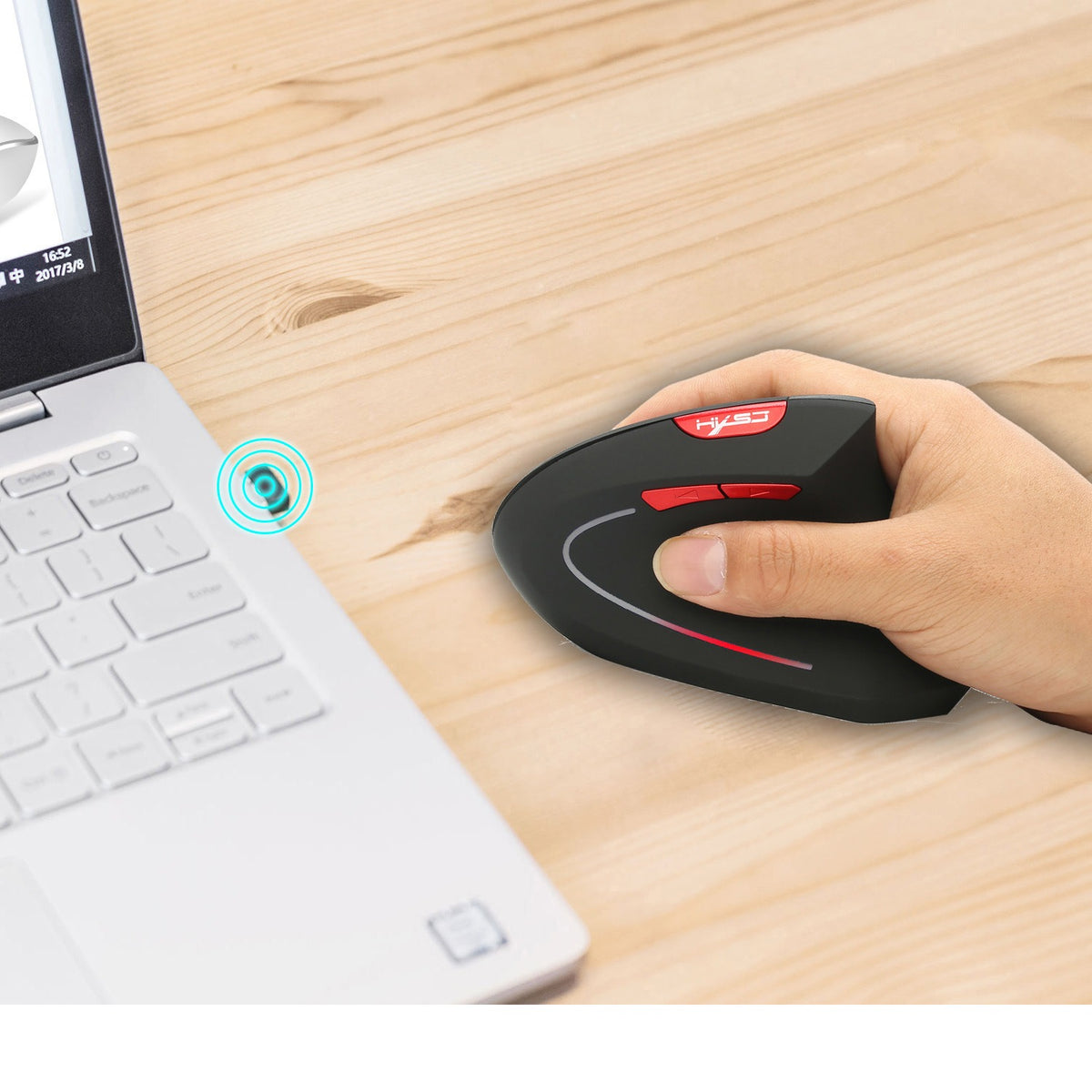 Wireless vertical health mouse by eprolo with 2.4G connectivity, 6D design, and external battery for computer office use.