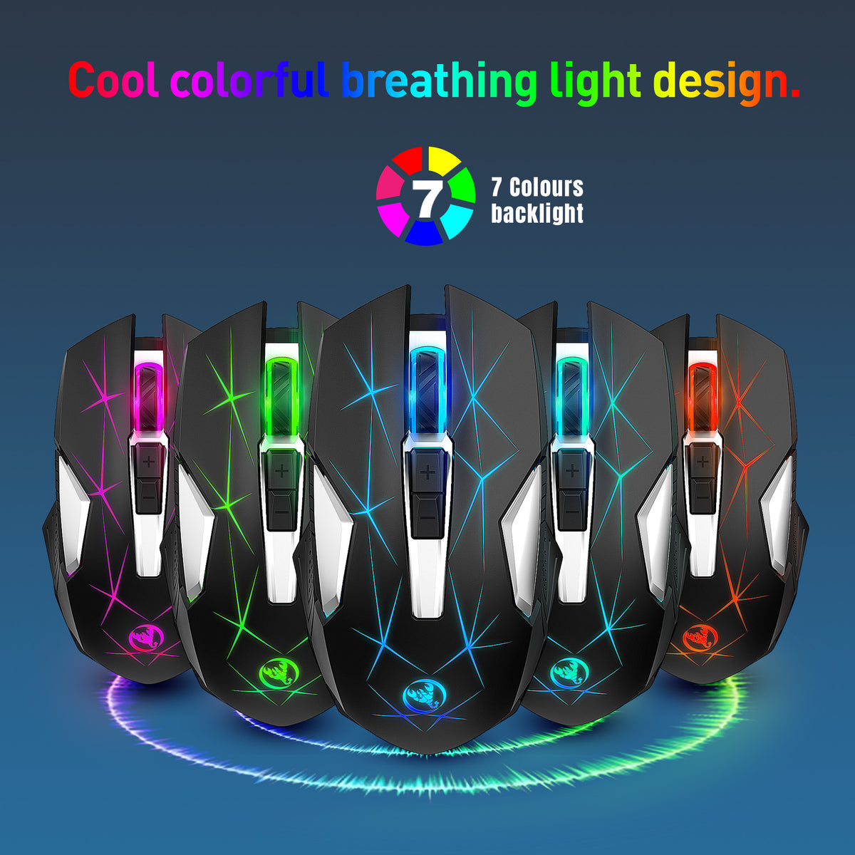 Wireless 2.4G eprolo colorful backlight mouse for home and office use, featuring a 7-color LED lighting and ergonomic design.