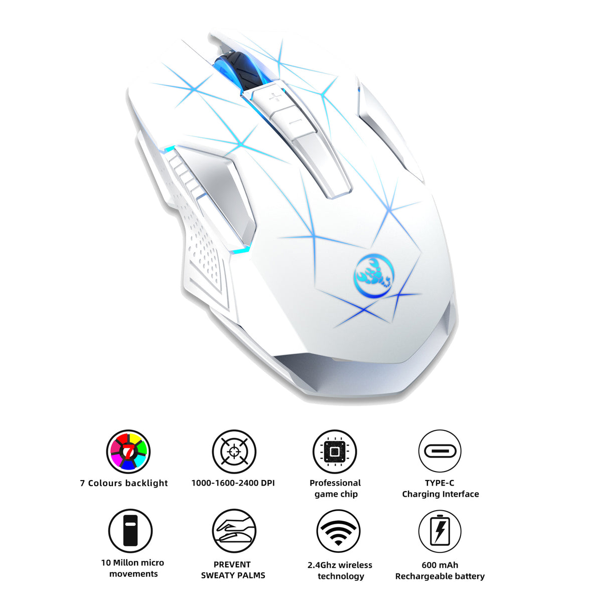 Wireless eprolo 2.4G mouse with colorful backlight, suitable for home office and business use, featuring a sleek ergonomic design.