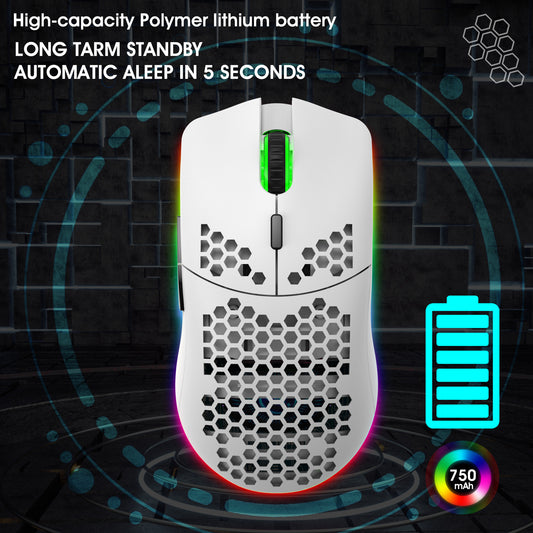 Wireless eprolo lightweight gaming mouse with hollow design, RGB lighting, 2.4G wireless, and charging feature for gaming and office use.