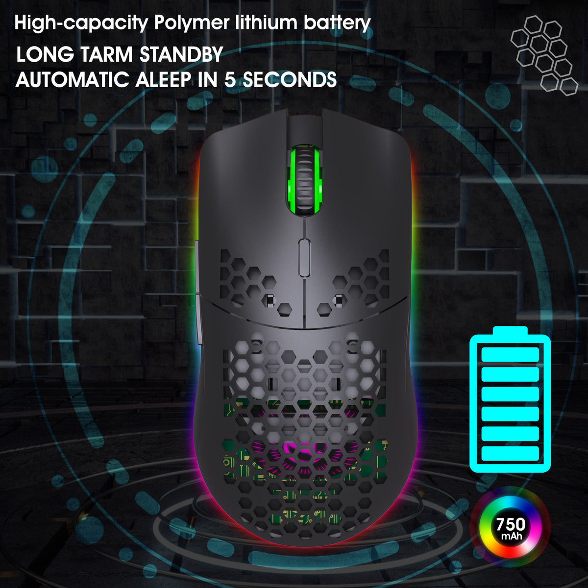 Eprolo lightweight wireless gaming mouse with hollow design, RGB lighting, 2.4G USB receiver, suitable for computer and office use.