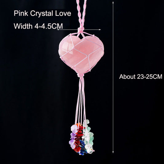 Pink crystal love pendant with heart-shaped peach stone, colorful crushed stones, and tassel, by eprolo.