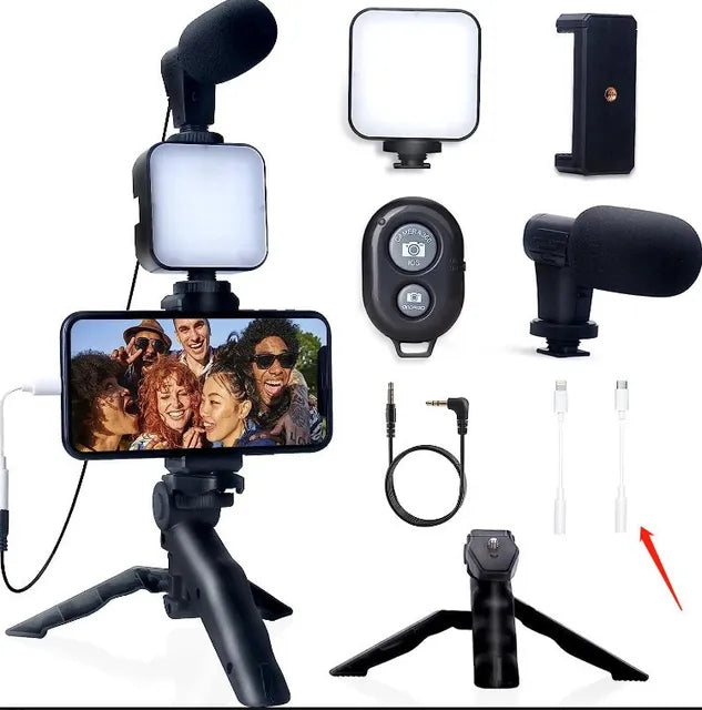 Eprolo vlogging kit with mobile phone tripod, 36 LED fill light, and mini microphone for live streaming and video recording.