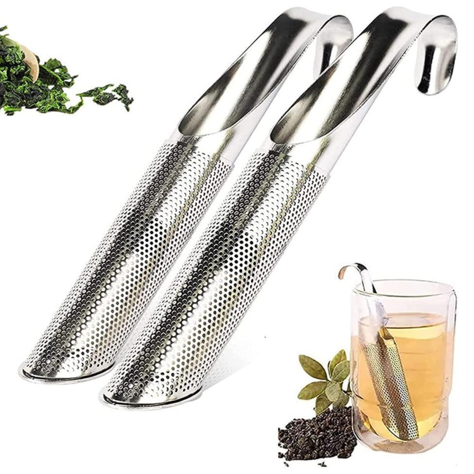 Stainless steel pipe-shaped tea strainer with teapot design, perfect for brewing loose leaf tea in a teapot or cup.