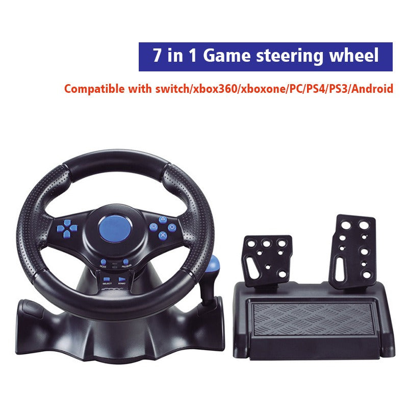 eprolo 7-in-1 racing wheel compatible with Switch, Xbox One, 360, PS4, PS2, PS3, and PC for racing game simulation.