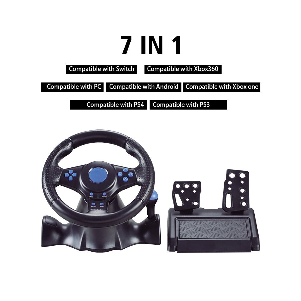 Eprolo 7-in-1 racing wheel compatible with Switch, Xbox, PlayStation, and PC gaming consoles, featuring realistic steering design.