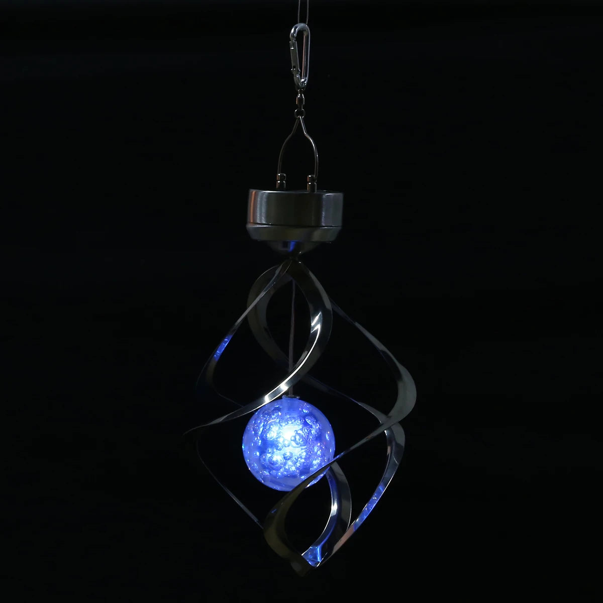 Color-changing LED solar wind chime light with spinning decorative solar-powered design, hanging outdoors for added ambiance.