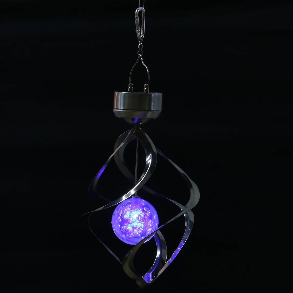 Eprolo LED color-changing solar wind chime light hanging outdoors with spinning decorative solar-powered light and vibrant colors.