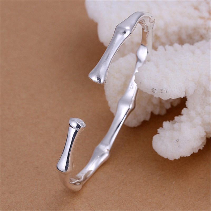Sterling silver romantic cuff bracelet with bamboo joint design for women, featuring open style bangle jewelry by eprolo.