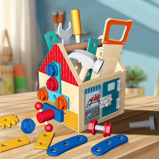 Children's wooden multifunctional toolbox, busy block, screw and nut removal, hand-held tool, blue puzzle toy - American Smart