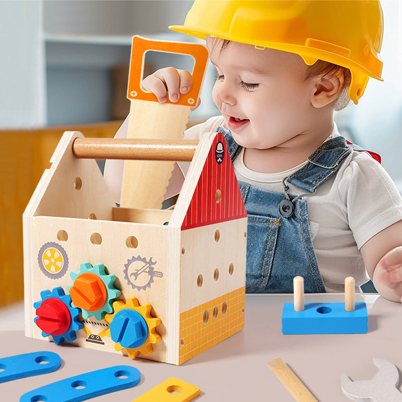 Children's wooden multifunctional toolbox, busy block, screw and nut removal, hand-held tool, blue puzzle toy - American Smart
