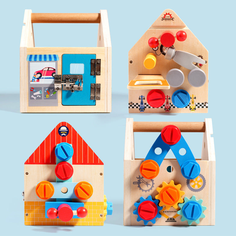 Children's wooden multifunctional toolbox, busy block, screw and nut removal, hand-held tool, blue puzzle toy - American Smart