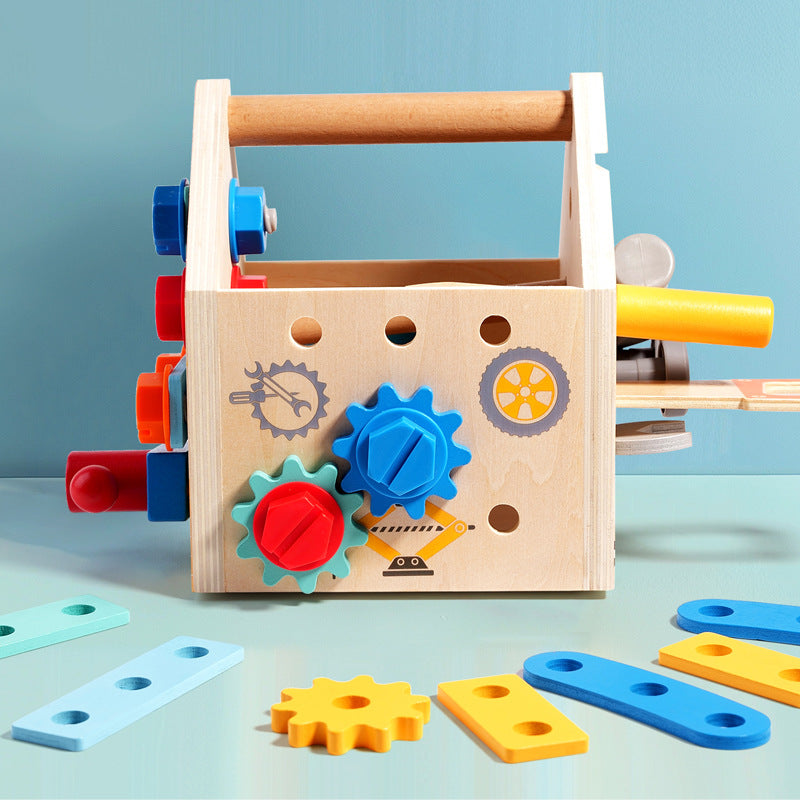 Children's wooden multifunctional toolbox, busy block, screw and nut removal, hand-held tool, blue puzzle toy - American Smart