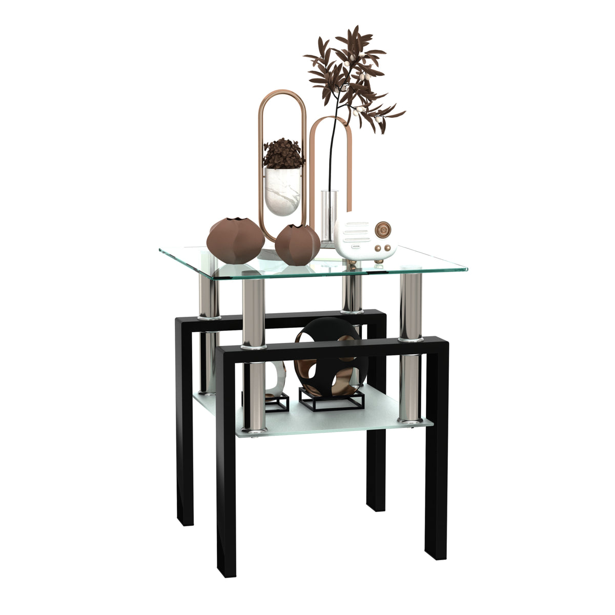 Modern square tempered glass coffee table by eprolo, transparent and black finish, suitable for living room as an end or accent table.