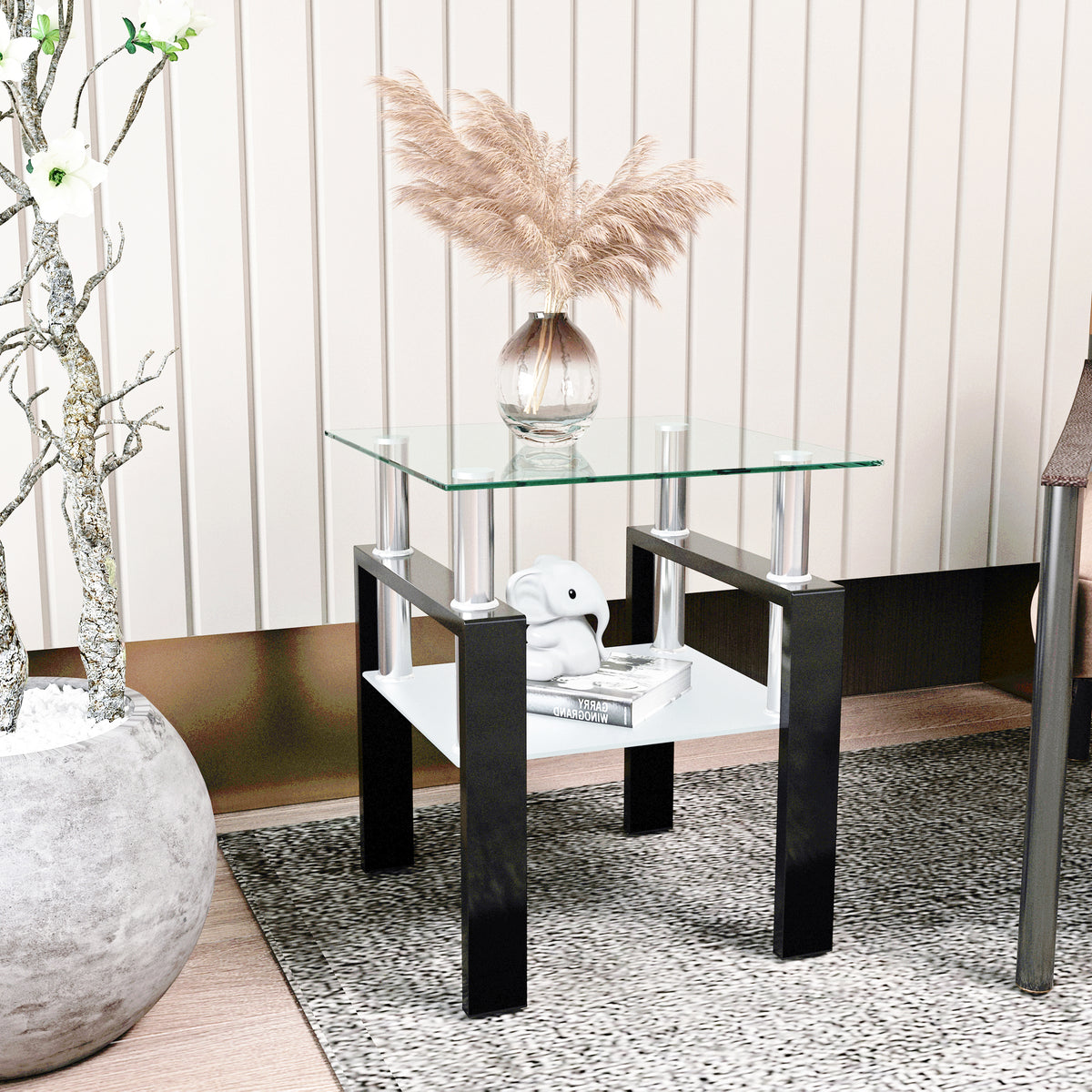 Modern tempered glass tea table by eprolo, square end table with transparent or black finish, ideal for living room decor.