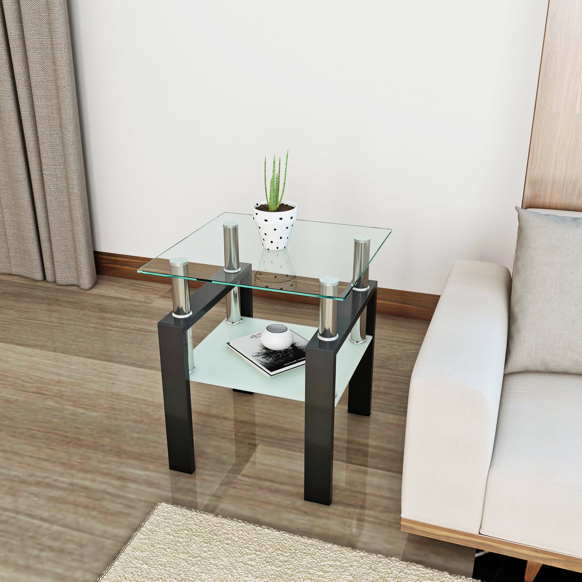 Modern square tempered glass coffee table with black finish, ideal as a living room end table, by eprolo