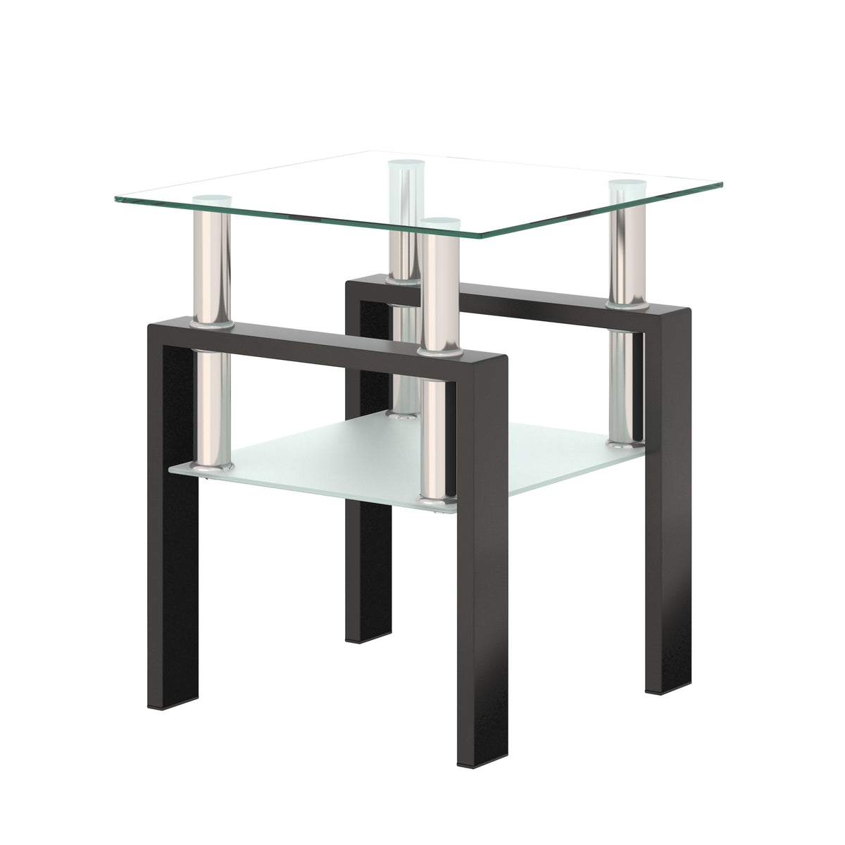 Modern black tempered glass square coffee table with sleek design, ideal for living room or end table use.