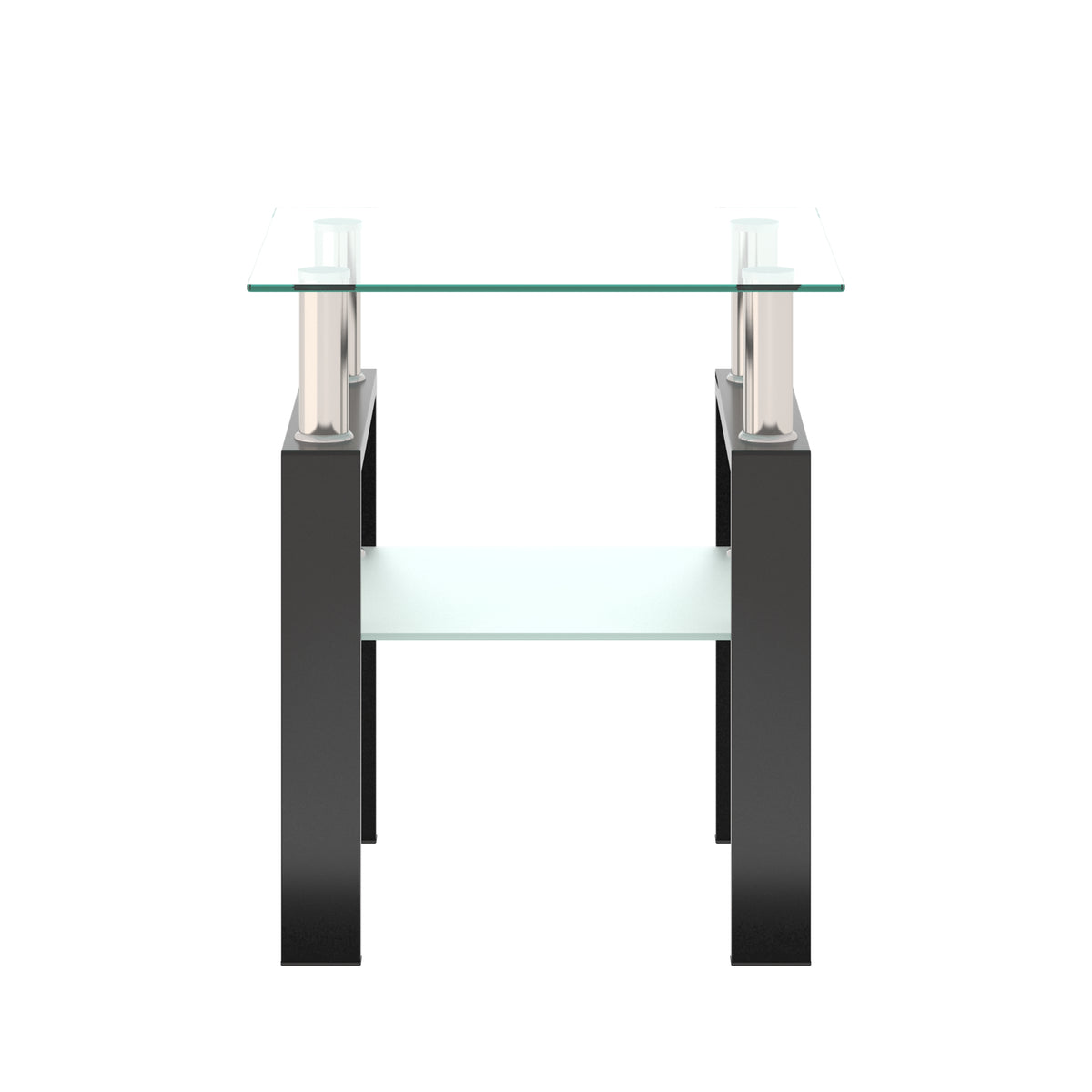 Modern tempered glass square coffee table by eprolo with transparent or black finish, suitable as a living room end table.