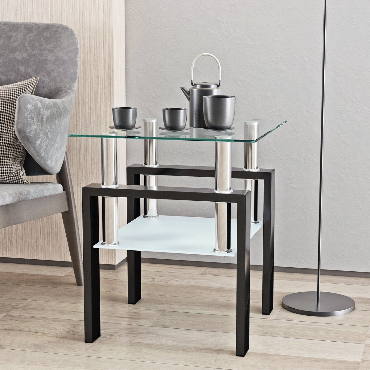 Modern eprolo 1-piece tempered glass coffee and end table with a square design, transparent or black finish for living room decor.
