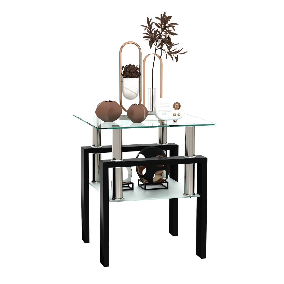 Modern 1-piece tempered glass coffee table with black square design for living room, transparent and sleek style by eprolo.