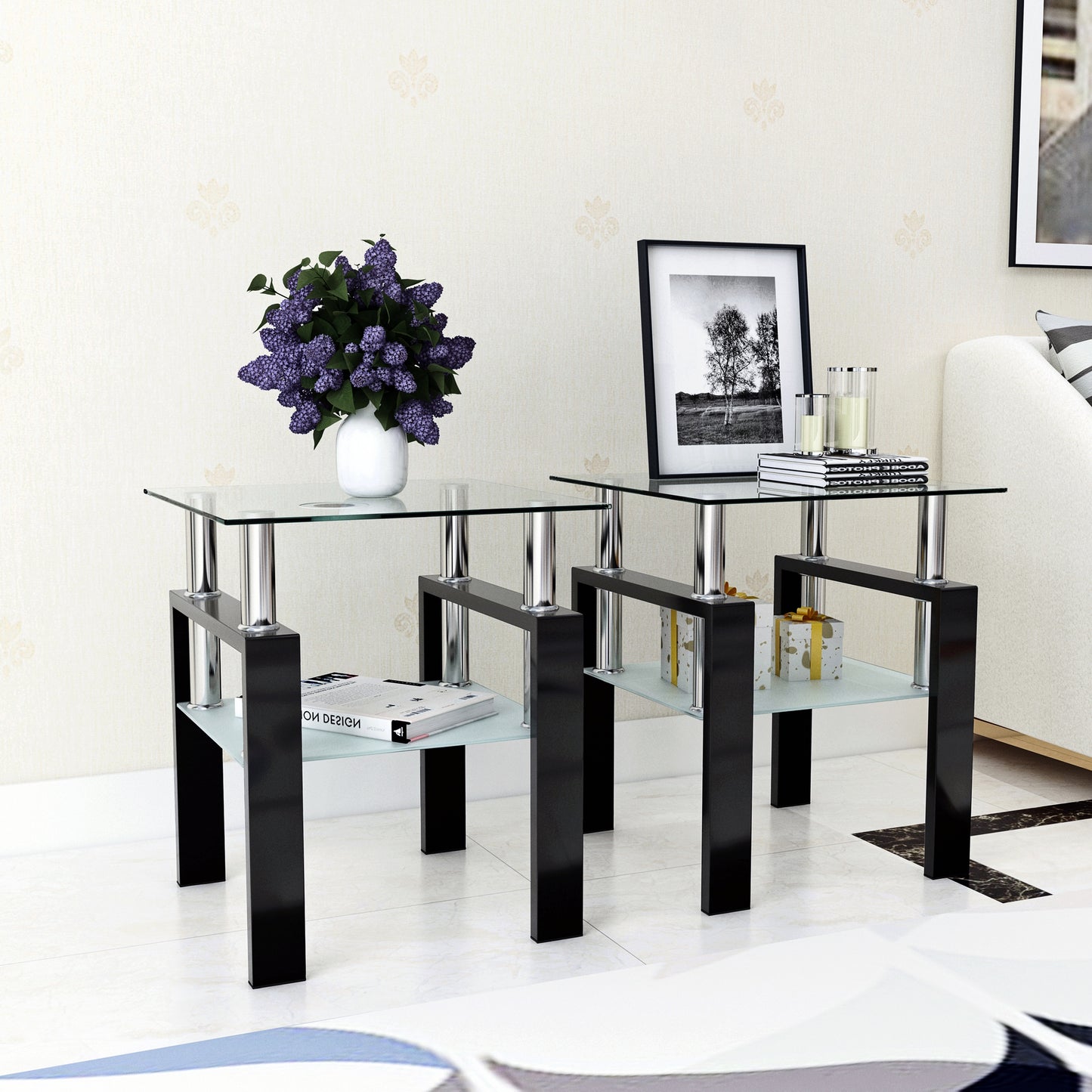 Set of 2, Modern Tempered Glass Tea Table Coffee Table End Table, Square Table for Living Room, Transparent/Black - American Smart