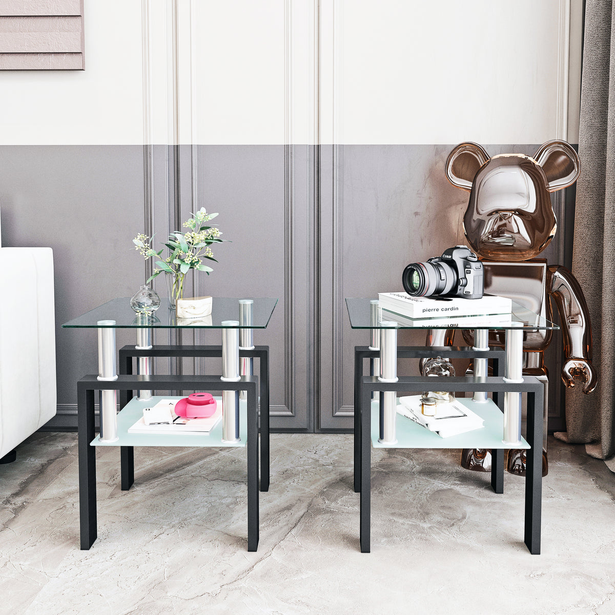 Set of 2, Modern Tempered Glass Tea Table Coffee Table End Table, Square Table for Living Room, Transparent/Black - American Smart