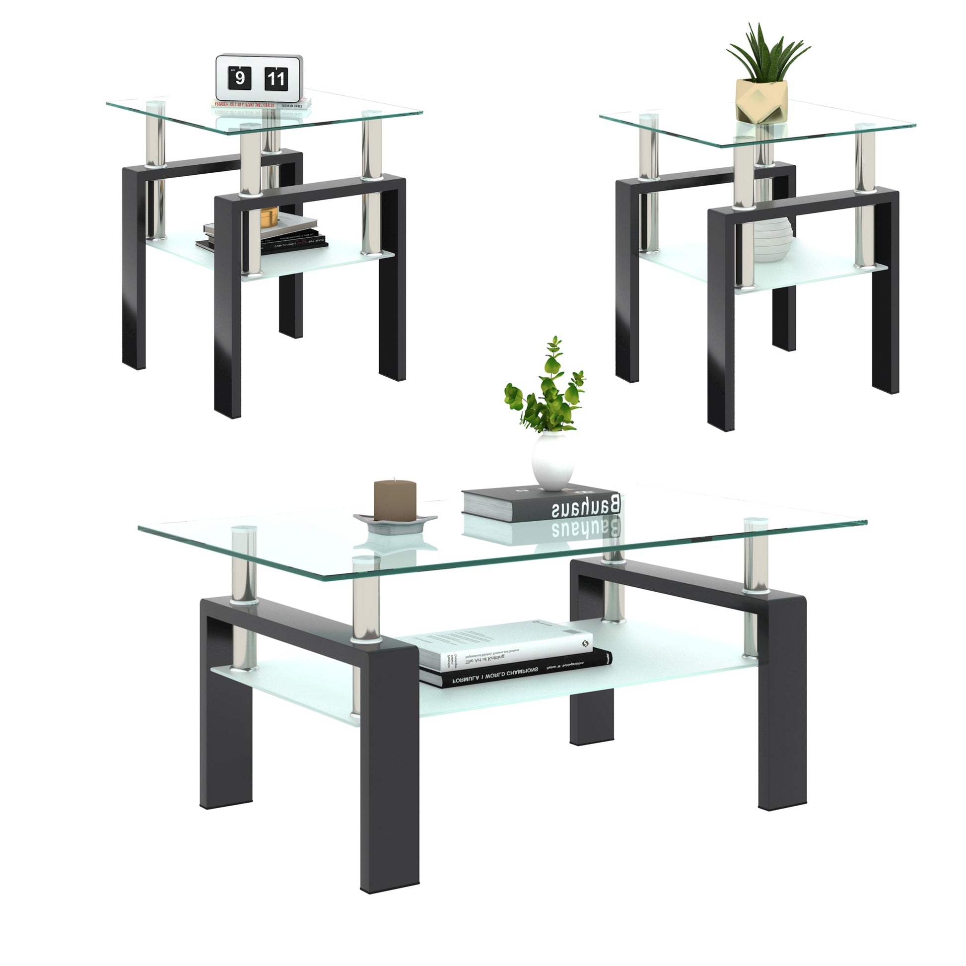 Set of 2, Modern Tempered Glass Tea Table Coffee Table End Table, Square Table for Living Room, Transparent/Black - American Smart