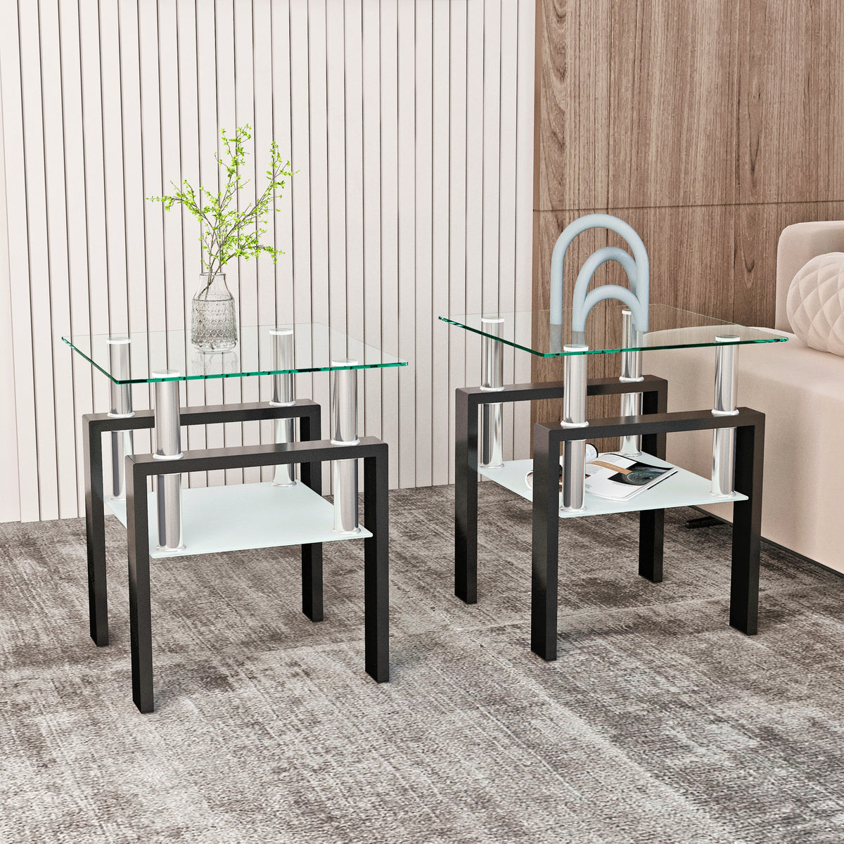 Set of 2, Modern Tempered Glass Tea Table Coffee Table End Table, Square Table for Living Room, Transparent/Black - American Smart