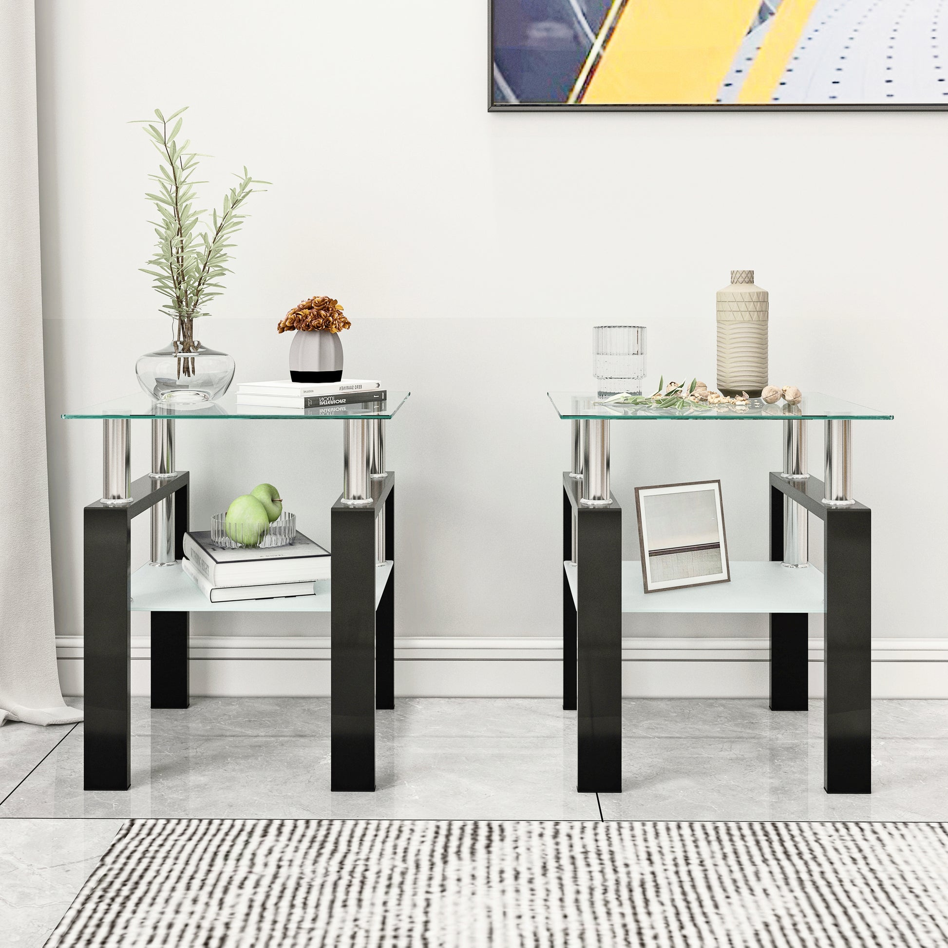 Set of 2, Modern Tempered Glass Tea Table Coffee Table End Table, Square Table for Living Room, Transparent/Black - American Smart