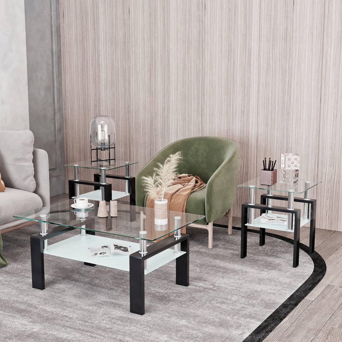 Set of 2, Modern Tempered Glass Tea Table Coffee Table End Table, Square Table for Living Room, Transparent/Black - American Smart