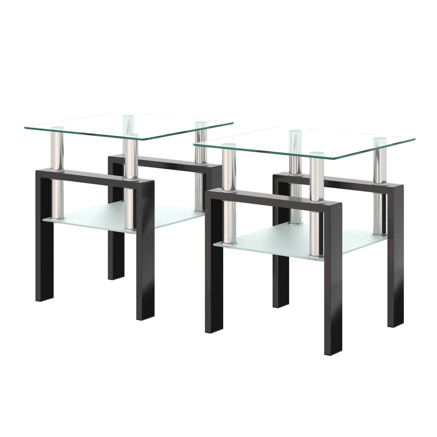 Set of 2, Modern Tempered Glass Tea Table Coffee Table End Table, Square Table for Living Room, Transparent/Black - American Smart