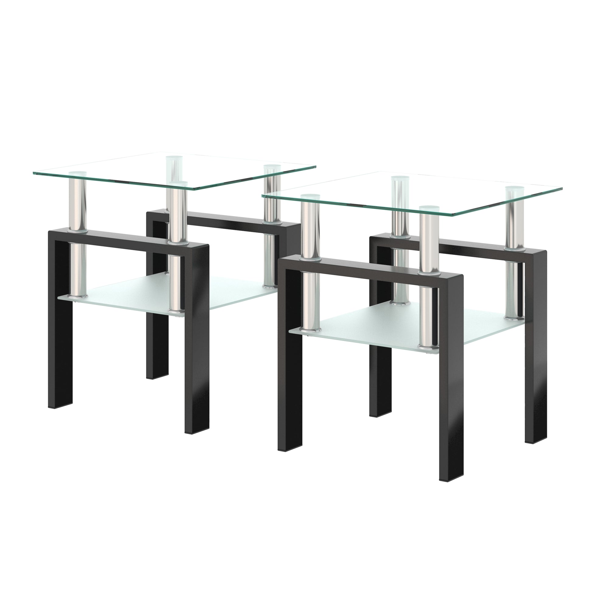 Set of 2, Modern Tempered Glass Tea Table Coffee Table End Table, Square Table for Living Room, Transparent/Black - American Smart