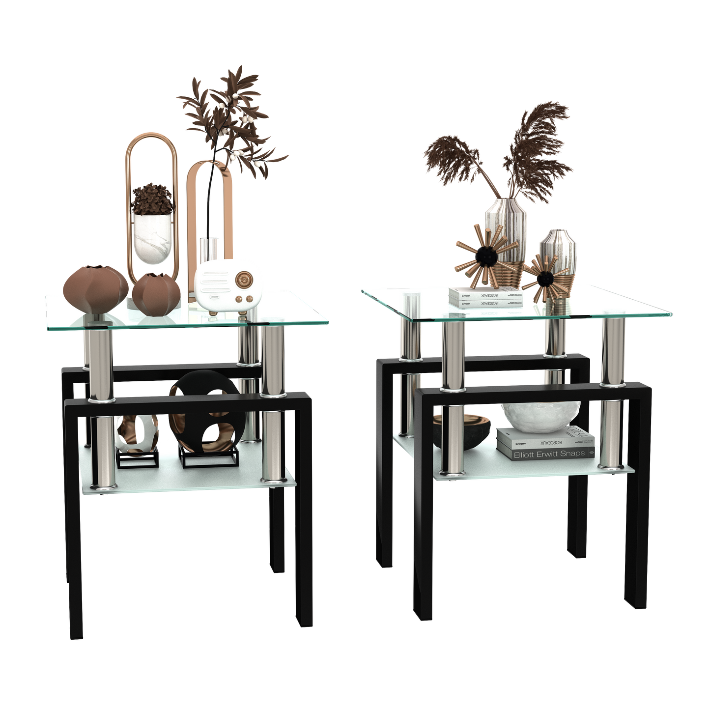 Set of 2, Modern Tempered Glass Tea Table Coffee Table End Table, Square Table for Living Room, Transparent/Black - American Smart