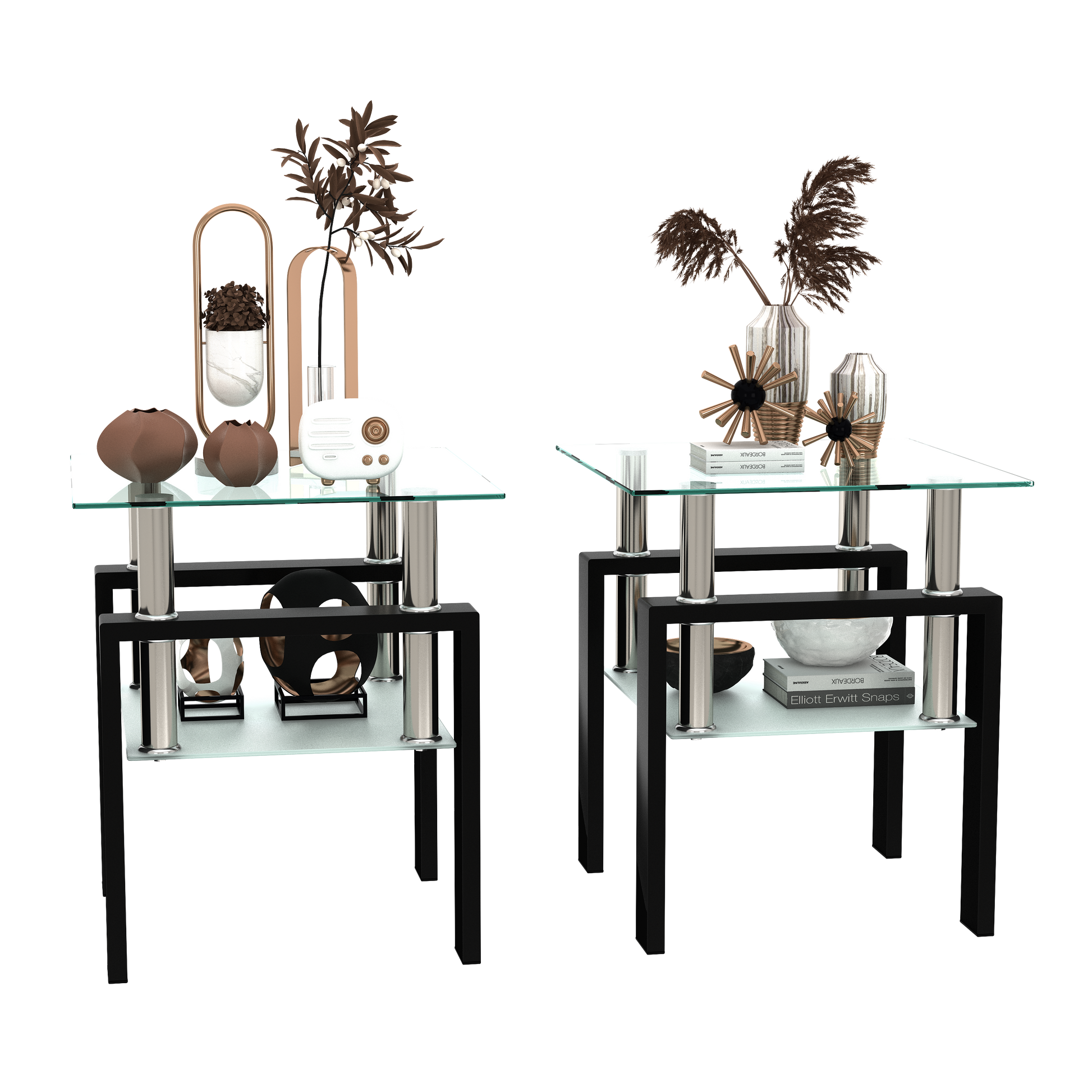Set of 2, Modern Tempered Glass Tea Table Coffee Table End Table, Square Table for Living Room, Transparent/Black - American Smart