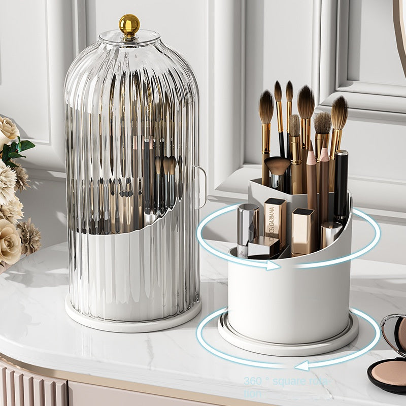 eprolo rotating makeup brush holder and lipstick organizer with dust-proof compartments on a desktop cosmetic storage box