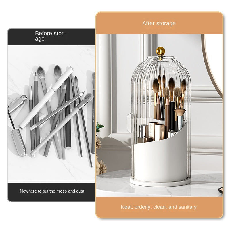 eprolo rotating makeup brush holder and lipstick organizer with dust-proof compartments on a desktop storage box