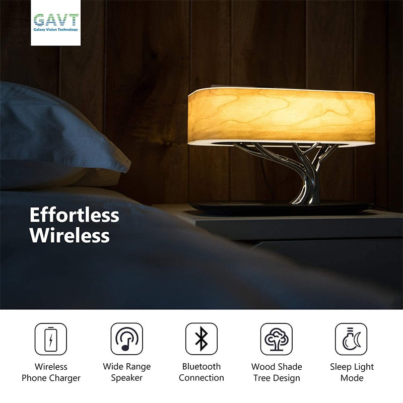 Eprolo modern LED bedside table lamp with Bluetooth speaker, wireless charger, dimmable light, and decorative tree design.