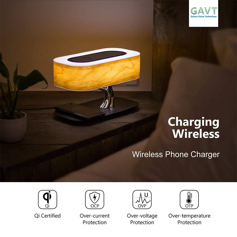 Modern eprolo LED bedside table lamp with Bluetooth speaker, wireless charger, dimmable light, and phone charging for bedroom use.