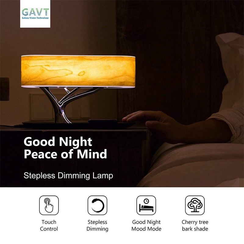 Modern eprolo LED bedside table lamp with Bluetooth speaker, wireless charger, dimmable light, and tree-shaped design.
