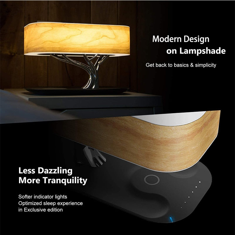 Eprolo modern LED bedside table lamp with Bluetooth speaker, wireless charger, dimmable light, and phone charging port.