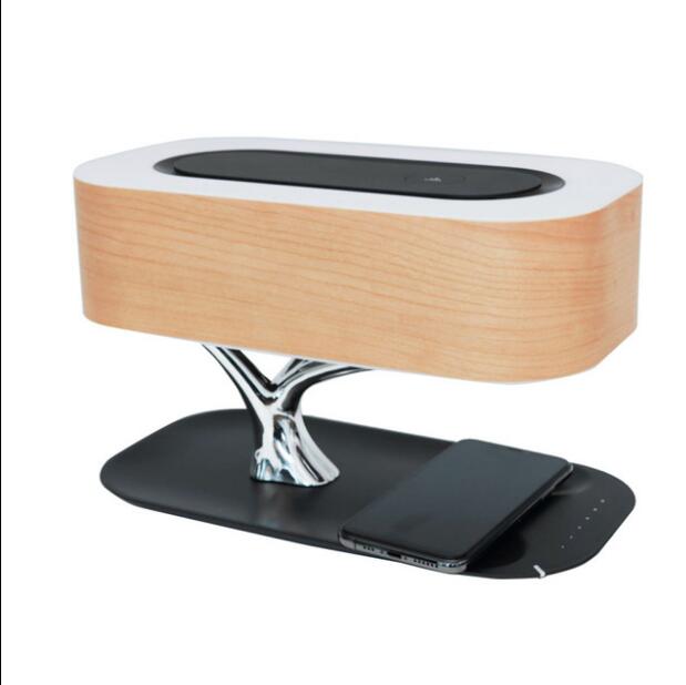 Eprolo modern LED bedside table lamp with dimmable light, built-in Bluetooth speaker, phone charger, and wireless charging pad.
