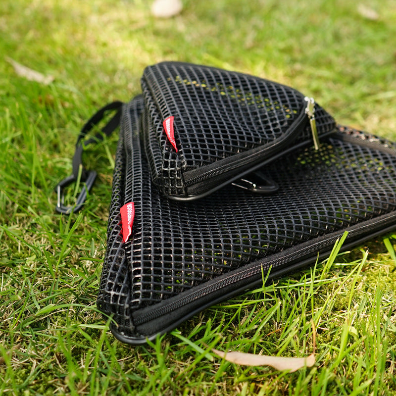 Foldable outdoor triangular sun drying net by eprolo, PVC hanging storage basket for camping and outdoor drying.