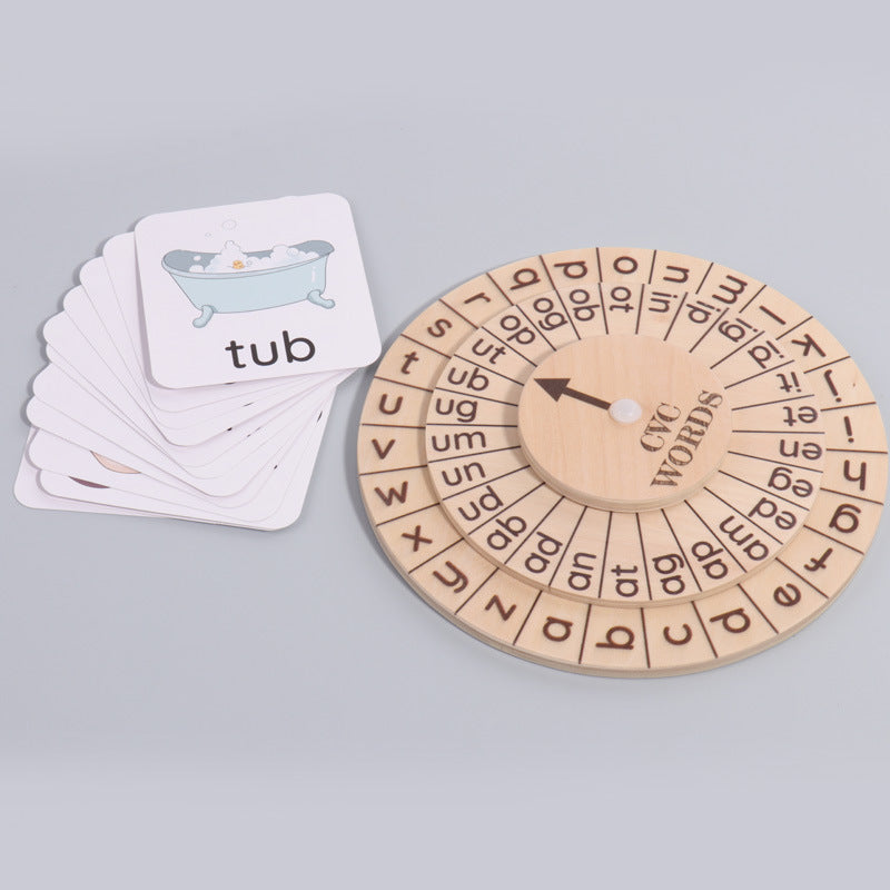 Eprolo English spelling game with a spinning wheel featuring vowel recognition and phonics for early Montessori education.