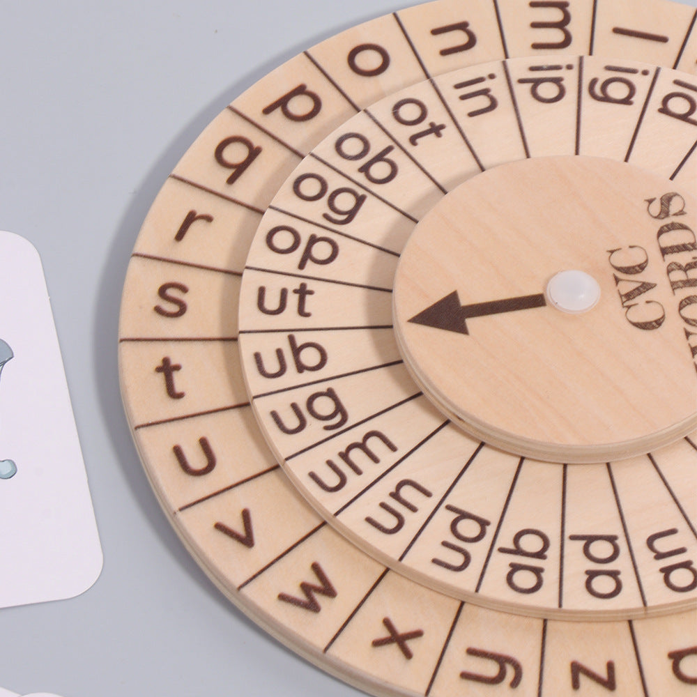 Eprolo English spelling game with spinning wheel for vowel recognition and phonics learning, Montessori early education toy.